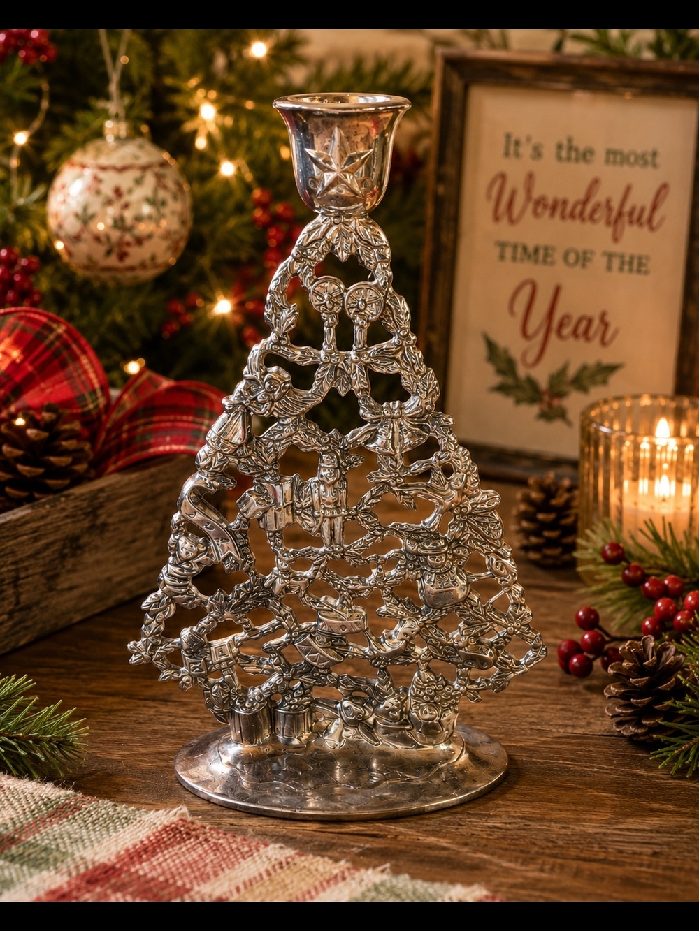 Elegance Silver Plated Christmas Tree Candle Holder Nutcracker Bells Decor